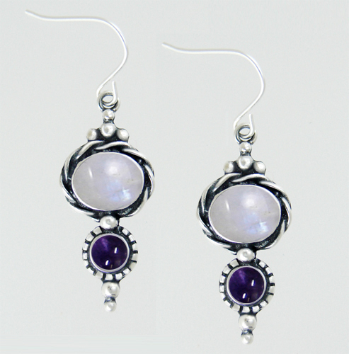 Sterling Silver Drop Dangle Earrings With Rainbow Moonstone And Iolite